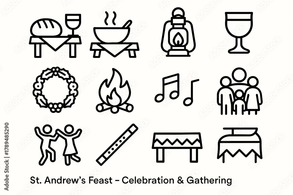 Fototapeta premium Feast Icons Celebration. St. Andrew’s Feast – Celebration & Gathering linear icon set: dinner table, bread loaf, soup bowl, lantern, goblet, festive wreath, firelight, music notes,