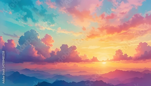 Colorful Watercolor Background of Abstract Sunset Sky with Puffy Clouds in Vibrant Rainbow Colors