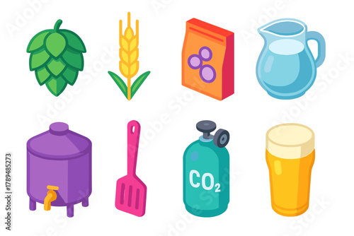 Craft Beer Icons. Craft Beer Essentials modern flat icons set: hops, barley, yeast packet, water jug, mash tun, stir spoon, CO2 tank, pint glass.