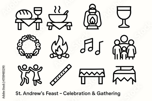 Feast Icons Celebration. St. Andrew’s Feast – Celebration & Gathering linear icon set: dinner table, bread loaf, soup bowl, lantern, goblet, festive wreath, firelight, music notes,