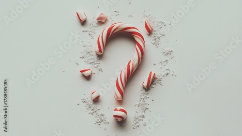 A broken candy cane arranged in the shape of a question mark on a light grey surface with scattered fragments