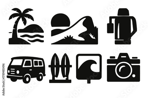 Brutalist Coastal Icons. Coastal Adventure silhouette icon set: beach, dune, rock, van, board rack, wave sign, thermos, camera.
