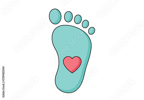 A stylized illustration of a blue footprint with a red heart.