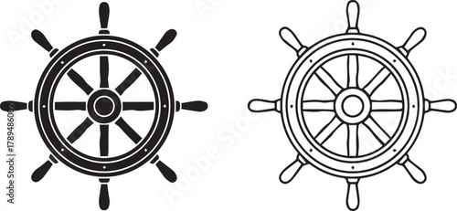 Vintage ship steering wheel vector icon set, silhouette and outline, isolated on white