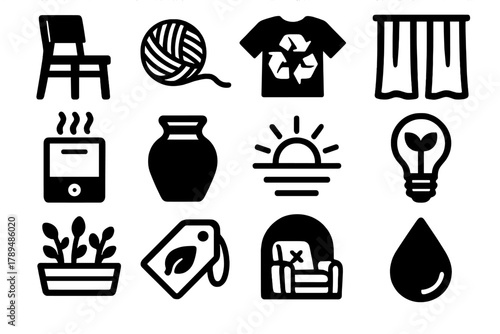 Sustainable Comfort Icons. Sustainable Comfort silhouette icon set: wooden furniture, natural fiber, recycled fabric, linen curtain, air purifier, clay pot, daylight icon, green