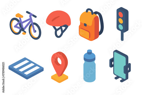 Urban Commute Icons. City Commute modern flat icons set: bicycle, helmet, backpack, traffic light, crosswalk, map pin, water bottle, phone mount.