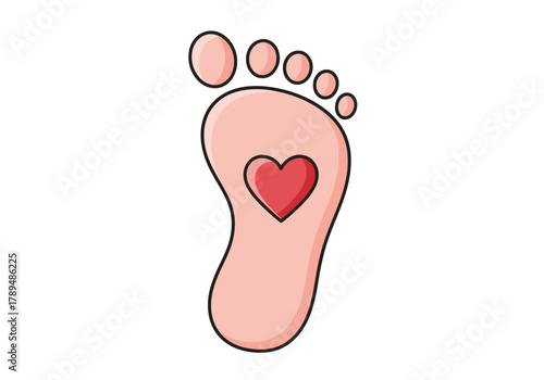 Cartoon illustration of a foot with a red heart symbol on the sole, isolated on white.