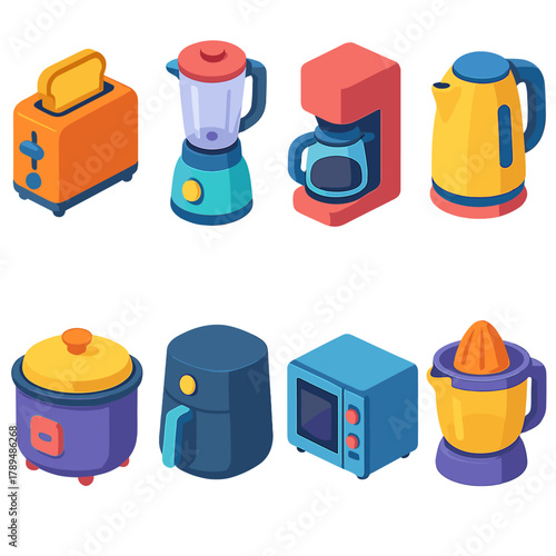 Essential Kitchen Appliances. Modern Essentials modern flat icons set: toaster, blender, coffee maker, electric kettle, rice cooker, air fryer, microwave, juicer.