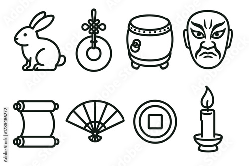 Traditional Symbol Icons. Traditional Symbols linear icon set: rabbit, jade pendant, drum, mask, scroll, fan, coin, candlelight.