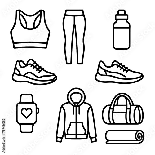 Athleisure Icon Set. Athleisure Mode linear icon set: sports bra, leggings, gym shoes, water bottle, fitness watch, hoodie, duffel bag, yoga mat.