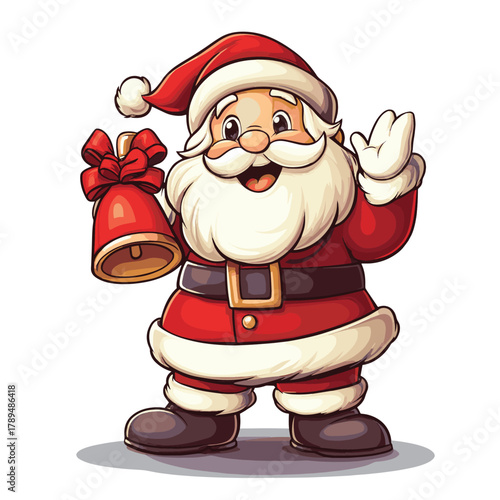 Cheerful cartoon Santa Claus ringing a Christmas bell with red bow