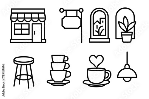 Cafe Icon Set. Urban Hideaway linear icon set: cafe storefront, hanging sign, potted plant, window view, stool, cup stack, pendant light, heart steam icon.