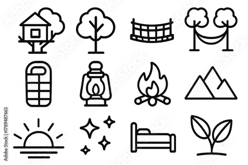 Nature Lodging Icons. Nature Lodging Icons linear icon set: treehouse, tree, wooden bridge, hammock, sleeping bag, lantern, campfire, mountain, sunrise, stars, bed, plant.