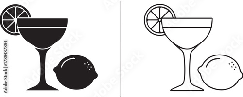 Classic cocktail glass icon and silhouette with lemon garnish on white background