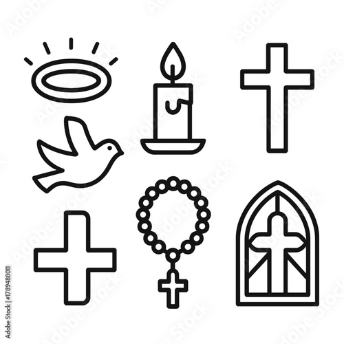 Sacred Icon Array. Sacred Celebration linear icon set: halo, candle, cross, dove, rosary, church window.