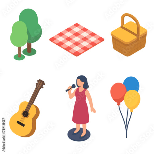 Park Performance Icons. Park Performance modern flat icons set: trees, blanket, picnic basket, acoustic guitar, singer, balloons.