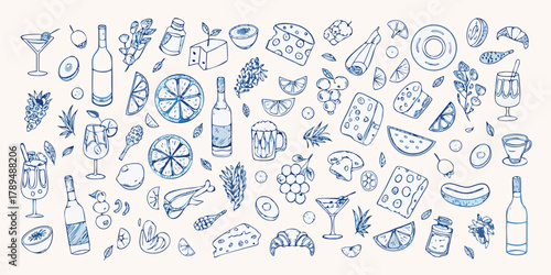 Hand drawn doodle pattern of food and drinks including cheese fruits bread and beverages