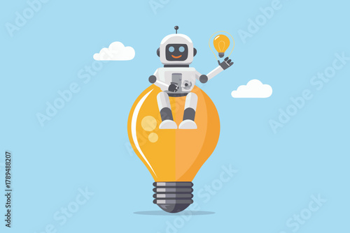 Cute robot sitting on a glowing light bulb holding another light bulb with a bright idea