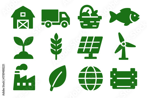 Sustainable Food Icons. Green Food Chain Icons silhouette icon set: farm, truck, basket, fish, plant, wheat, solar panel, wind turbine, factory, leaf, globe, crate.