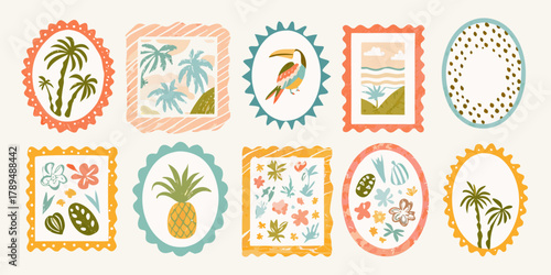 Collection of charming tropical themed framed illustrations featuring palm trees toucans pineapples and floral elements