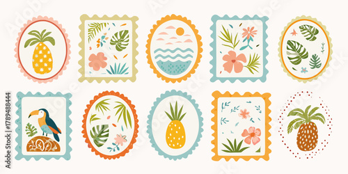 Collection of charming tropical themed postage stamps featuring pineapples toucans and exotic flora in pastel colors
