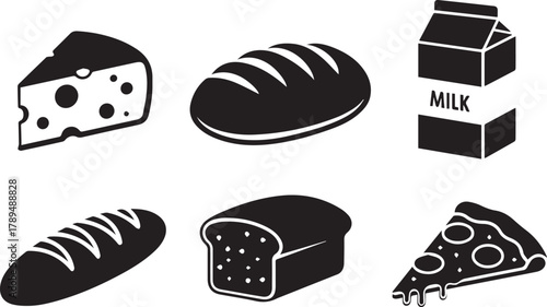 Basic Food Icons Set Vector Illustration including Bread, Cheese, Milk, and Pizza