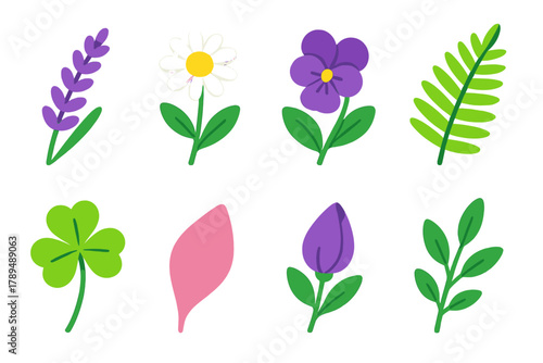 Floral Icon Set. Floral Variety modern flat icons set: lavender, chamomile, violet, fern, clover, petal, bud, branch.