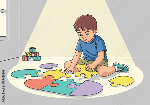A young boy concentrating on assembling a colorful jigsaw puzzle on the floor.
