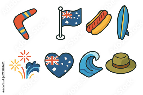 Australia Day Icons. Australia Day Celebration modern flat icons set: boomerang, flag, sausage sizzle, surfboard, hat, fireworks, heart, wave.