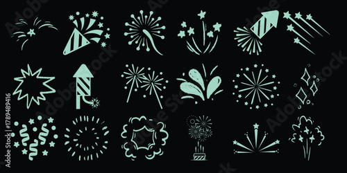 A Collection of Stylized Fireworks and Explosions on a Black Background