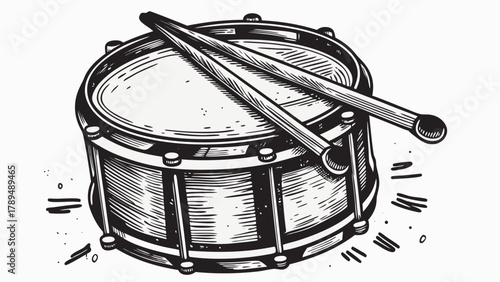 Dynamic hand drawn drum illustration with wooden drumsticks for musical themed designs and creative compositions