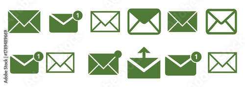 Collection of Green Envelope Icons with Notification Badges and Send Symbol