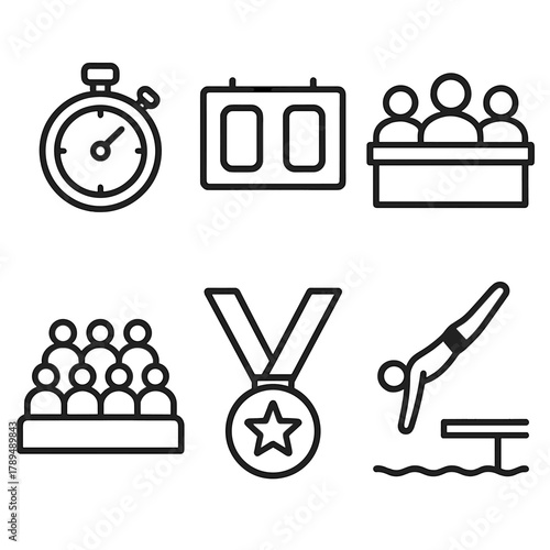 Diving Competition Icons. Competition Event linear icon set: stopwatch, scoreboard, judges panel, crowd, medal, diver mid-air.