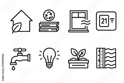 Eco Home Icons. Sustainable Building linear icon set: eco home, recycled materials, ventilation window, smart thermostat, water-saving faucet, light bulb, garden bed, insulation