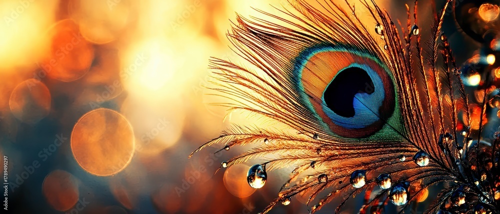 Fototapeta premium Vibrant peacock feather close-up nature scene macro photography colorful background artistic viewpoint beauty in nature