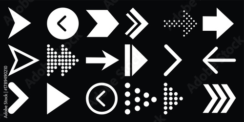 Collection of White Arrows and Navigation Icons on Black Background