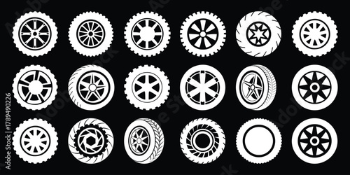 Collection of white car wheel and tire icons on black background