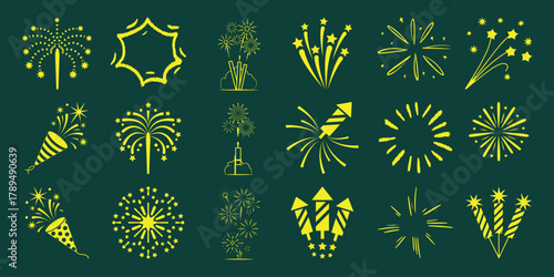 Collection of Yellow Fireworks and Party Poppers on a Dark Green Background