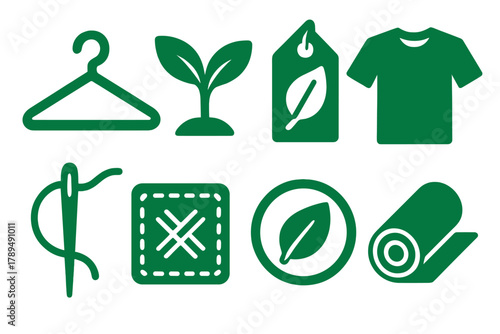 Brutalist Eco Fashion Icons. Green Clothing Design silhouette icon set: hanger, plant sprout, tag, shirt, needle, patch, eco icon, cloth roll.