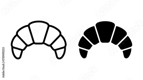 Croissant icon set featuring a minimalist outline and a solid black fill, representing classic french pastry, bakery, and breakfast food items