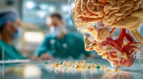 Human Brain Anatomy Model with Pills and Doctors in Background.