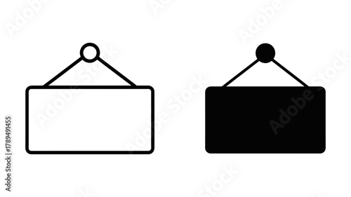 Hanging shop sign vector icon set: empty outline and solid black rectangular banners. essential for business, store, information, notice, retail.