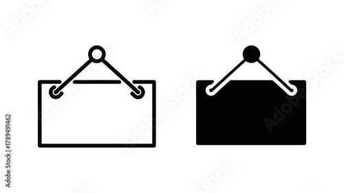 Hanging shop sign icon set, store open closed sign, empty blank signboard, cafe restaurant business signage template, vector illustration.