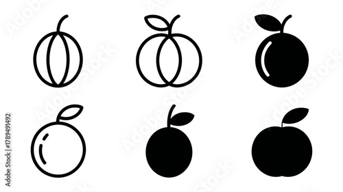 Six distinct black and white fruit icons, illustrating various outline and solid design styles for diverse digital and print media projects.