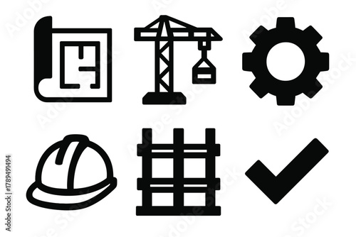 Resilient Design Icons. Resilient Design silhouette icon set: blueprint, crane, gear, safety helmet, structure, checkmark.