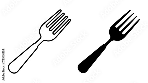 Simple outline and solid black fork icons for dining, kitchenware, cutlery, and restaurant themes, presented in a clean, minimalist vector graphic style.