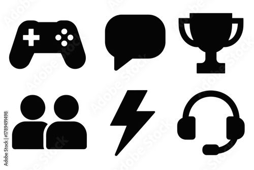 Brutalist Game Icon Set. Multiplayer Games silhouette icon set: game controller, chat bubble, player icons, trophy, lightning bolt, headset.