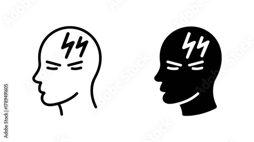 Headache and migraine symptom icon set, showing outline and solid fill styles, representing stress, pain, brain activity, and mental health issues.