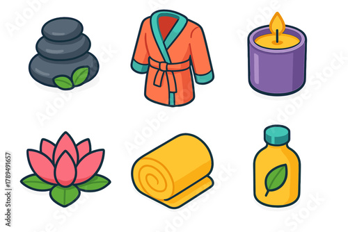 Minimalist Wellness Icons. Luxury Wellness modern flat icons set: spa stones, bathrobe, scented candle, massage oil, lotus flower, towel.
