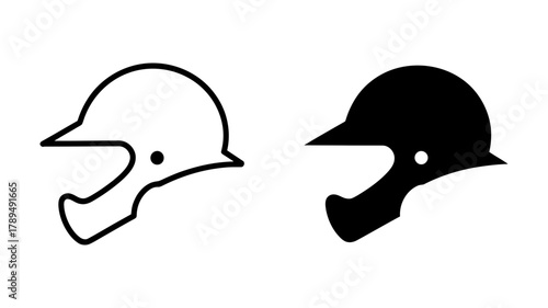 Baseball helmet icon set, featuring both outlined and solid black silhouette versions of protective headgear used in professional and amateur sports